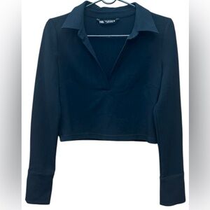 ZARA NWOT Women’s Black Long Sleeves V-neck Collared Cropped Blouse Top Size:M